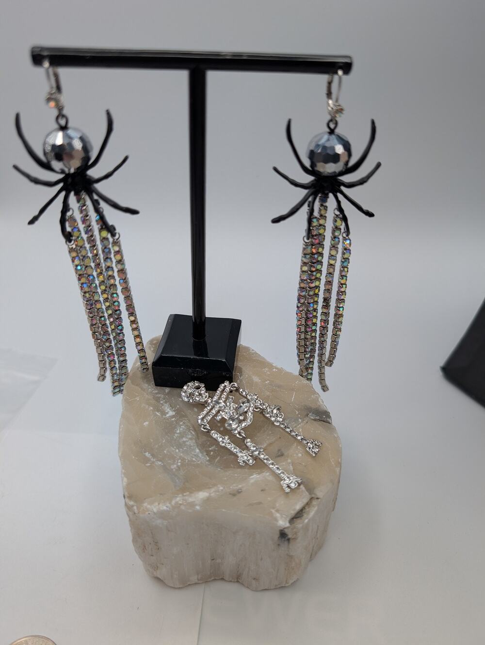Betsey Johnson Halloween Spider Dangle Earrings Rhinestone Chains Skeleton SET